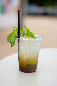 Close-up of drink in glass on table