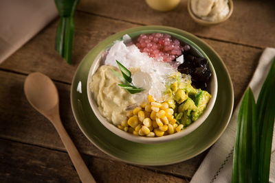 High angle view of food in bowl on table