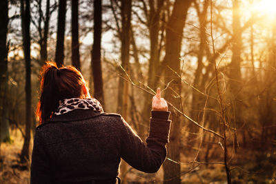 Rear view of woman in forest