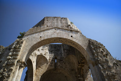 Low angle view of historical building against clear blue sky