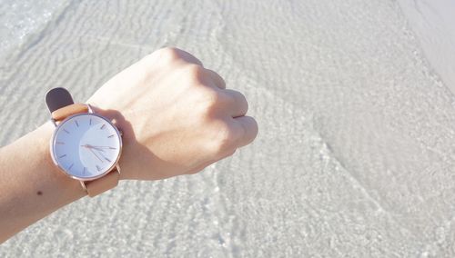 Cropped hand of person showing wristwatch over beach