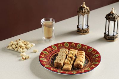 Turkish sweet delight mini baklava with pistachio, ramadan and eid mubarak concept