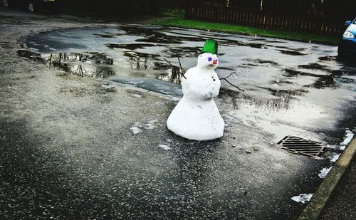 High angle view of snow on water