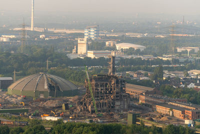 Demolition of a power plant, ruin with winding tower in the background. industrial zone.