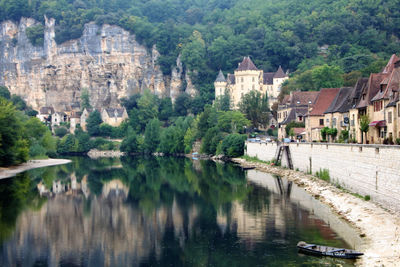 Reflection of buildings in lake