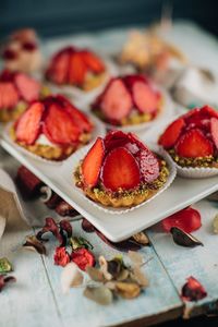 High angle view of dessert in tray