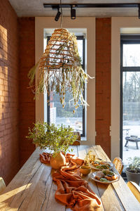 Potted plant on table against window