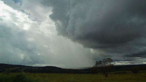 Scenic view of storm clouds over field