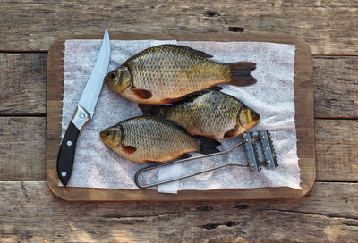 Freshly caught golden carp on a kitchen cutting board is ready to be scaled.russian river fish.