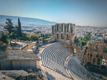 High angle view of old acropolis ruins against sky