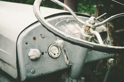 High angle view of steering wheel in vintage tractor