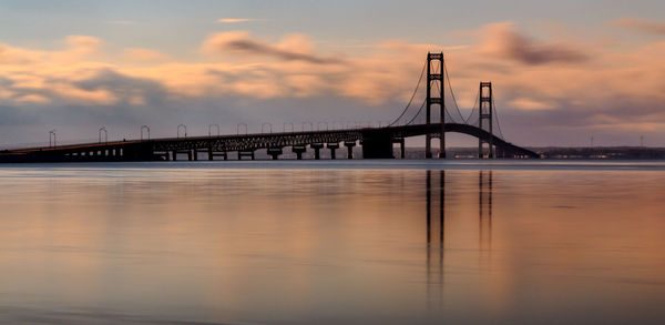 View of suspension bridge at sunrise