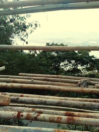 Close-up of rusty metal fence on field against sky