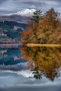 Looking across loch ard in the scottish highlands to the snowy summit of ben lomond