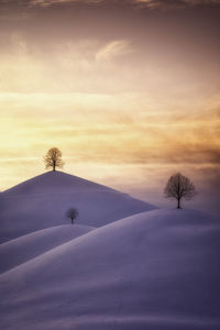 Scenic view of snow covered landscape against sky during sunset