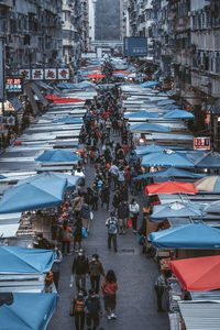 High angle view of people on city street