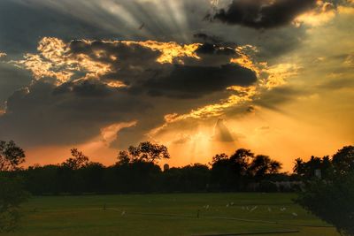 Scenic view of field against sky at sunset