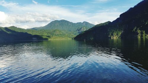 Scenic view of lake and mountains against sky