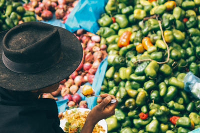 High angle view of vegetables for sale in market