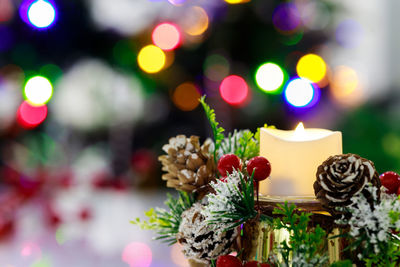 Close-up of christmas decorations on table