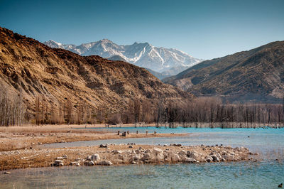 Scenic view of lake and mountains against sky