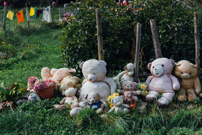 Teddy bear on grassy field