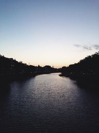 Scenic view of lake against clear sky at sunset