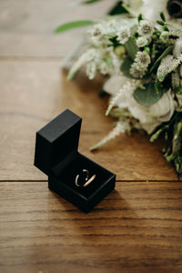 High angle view of white flower on table