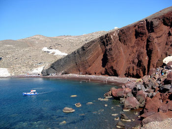 Scenic view of lake against clear blue sky