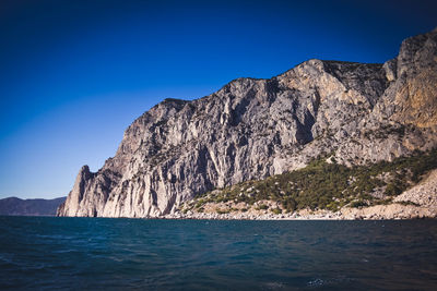 Scenic view of sea against clear blue sky