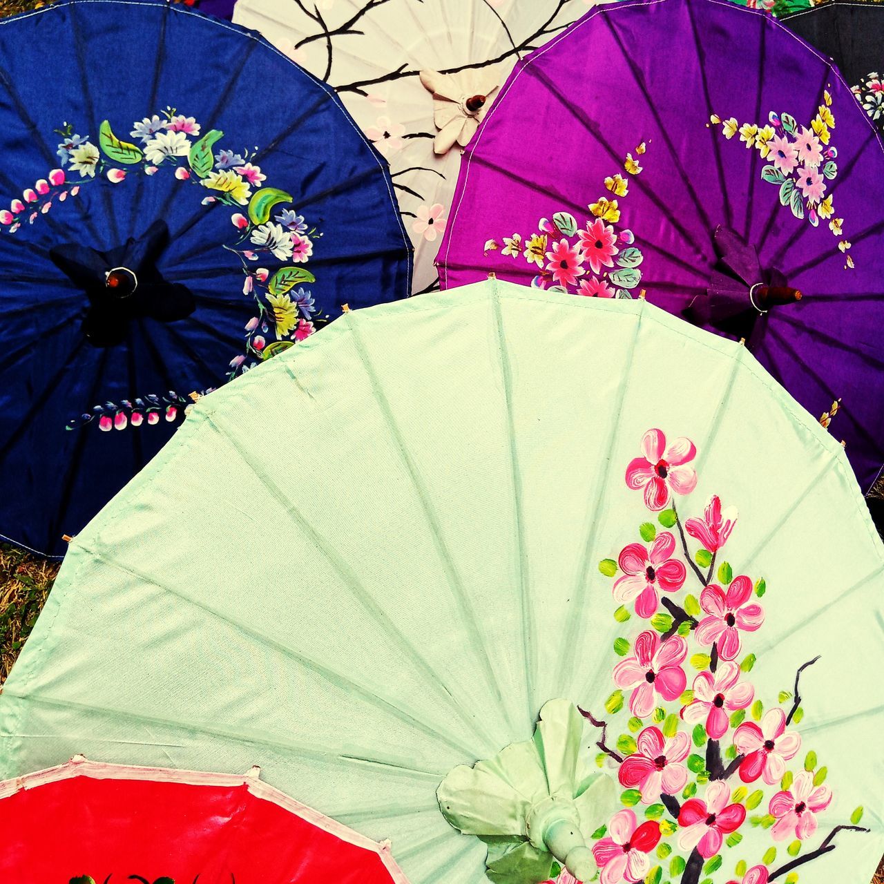 umbrella, protection, fashion accessory, flower, security, parasol, multi colored, nature, no people, day, pattern, outdoors, hand fan, plant, tradition