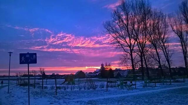 sunset, sky, tree, cloud - sky, winter, snow, tranquility, silhouette, scenics, bare tree, tranquil scene, dusk, cold temperature, landscape, nature, beauty in nature, blue, cloud, weather, field