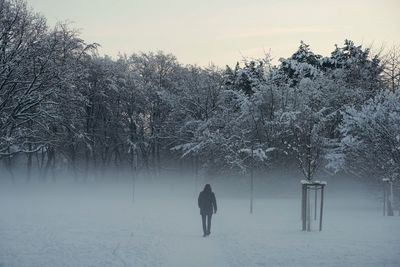 Rear view of person on snow covered field