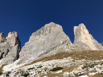 Low angle view of rock formation against clear blue sky