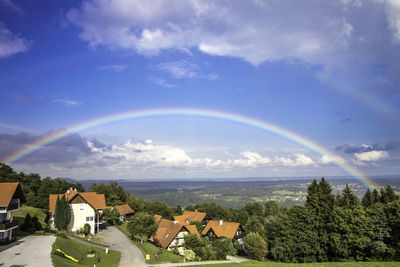 Scenic view of rainbow over buildings against sky