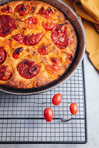 High angle view of pizza on table