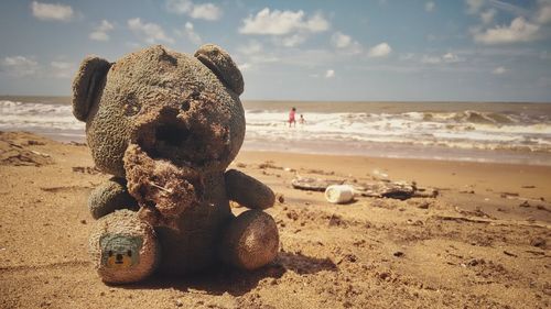 Close-up of damaged teddy bear at beach