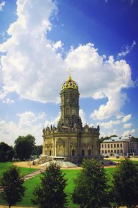 Facade of temple against blue sky