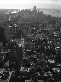 High angle view of buildings in city against sky