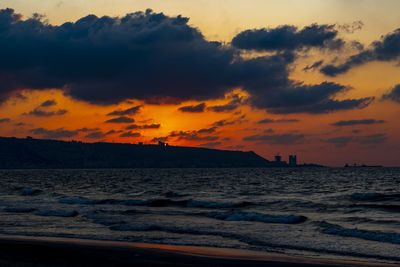 Scenic view of beach against sky during sunset