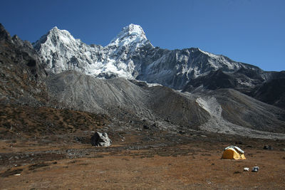 Scenic view of snowcapped mountains against clear sky