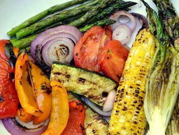 High angle view of roasted vegetables on table