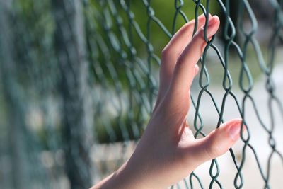 Cropped image of hand on chainlink fence