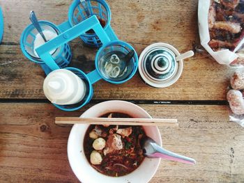 High angle view of breakfast on table