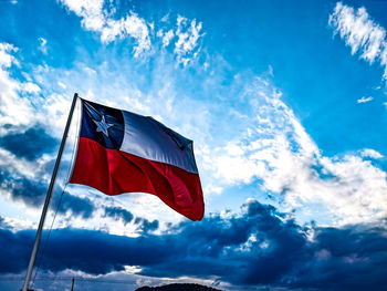 Low angle view of flag against sky