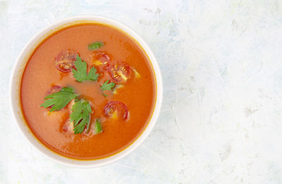 High angle view of soup in bowl