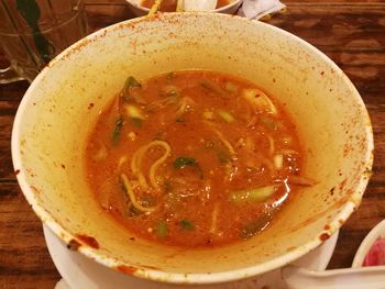 High angle view of soup in bowl on table