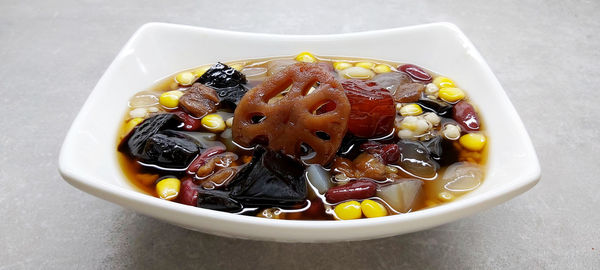 High angle view of food in bowl on table