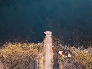 High angle view of abandoned boat on beach