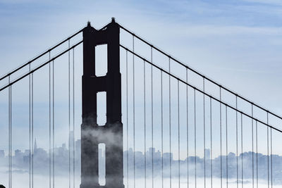 View of suspension bridge against cloudy sky